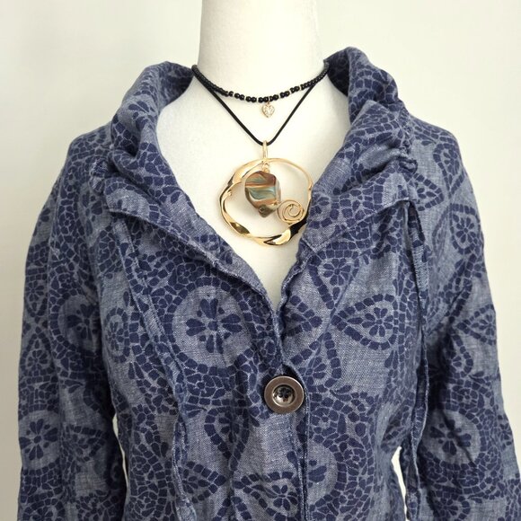 Vintage Boho Linen Medallion Print Jacket Size 14 Blue Y2K Artsy Indie Coastal - Picture 4 of 16